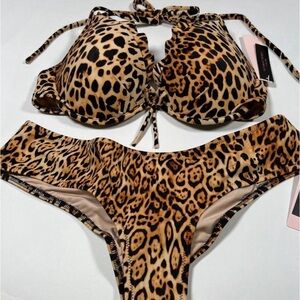 Victoria Secret 34B S Push Up Bikini Top Cheeky Bottom Set Ruffle Leopard